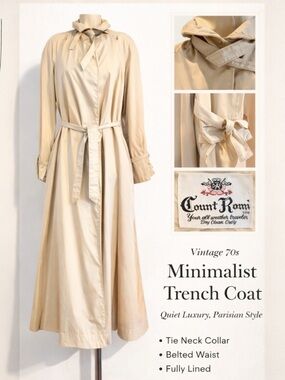 Vintage 70s Count Romi Trench Coat Beige Tie Neck Belted Quiet Luxury Parisian
